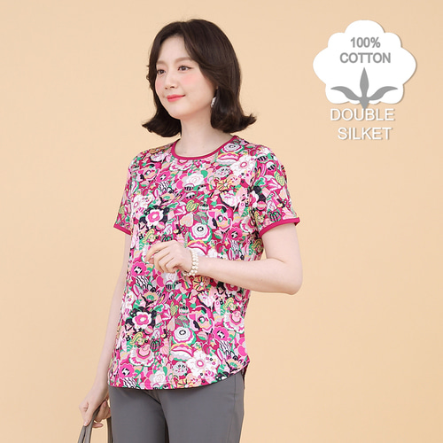 애비뉴투지 엄마옷 작약 꽃 실켓 면 여성 여름 반팔 라운드 티셔츠 A05122 50대 60대 중년여성의류