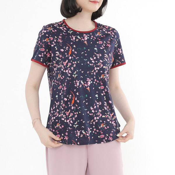 애비뉴투지 엄마옷 정원 플라워 실켓 면 여성 라운드 반팔 티셔츠 A05136 50대 60대 중년여성의류
