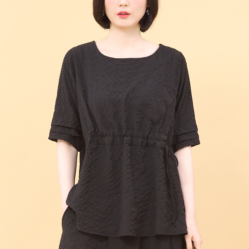 애비뉴투지 엄마옷 여성 여름 블랙 코디 지지미 앞 주름 반팔 티셔츠 쉬폰 랩 통바지 상하세트 H04357