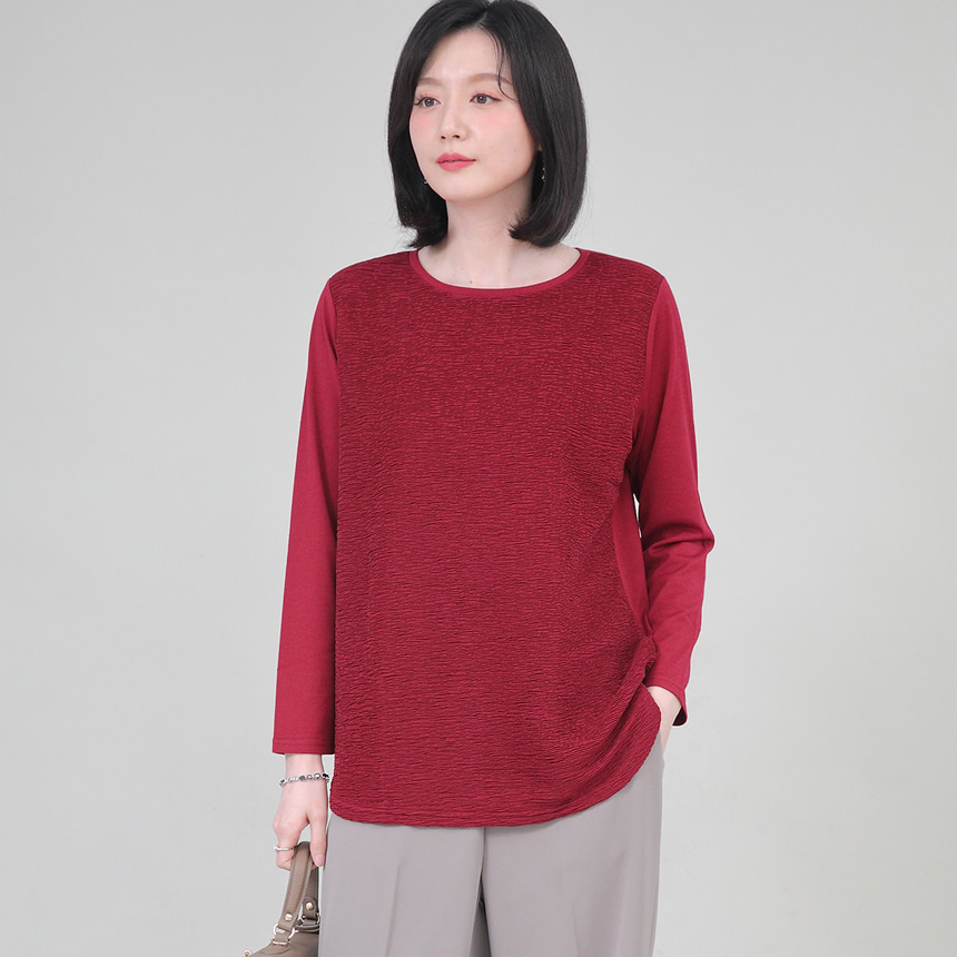 애비뉴투지 엄마옷 도톰한 가로 플리츠 여성 봄 가을 간절기 긴팔 라운드 티셔츠 A09352 50대 60대