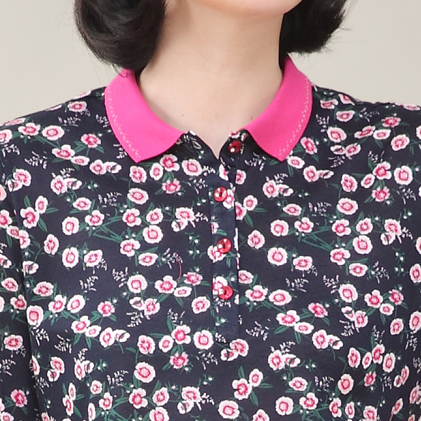애비뉴투지 엄마옷 플라워 실켓면 요꼬카라 단추 오픈 여성 봄 가을 긴팔 티셔츠 A02448