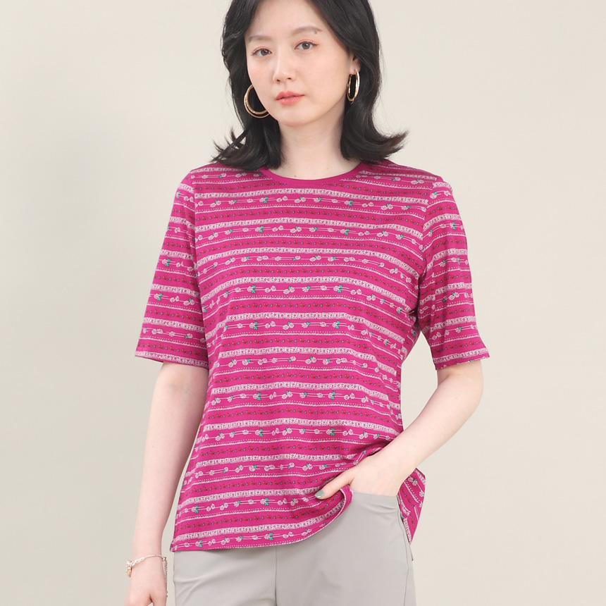 실켓 면 체리 핑크 플라워 라운드 여성 여름 반팔 5부 티셔츠 A05425