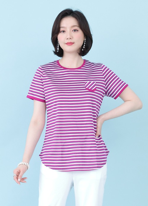 애비뉴투지 엄마옷 핑크 스트라이프 실켓 면 여성 여름 반팔 라운드 티셔츠 A06121 50대 60대 중년여성의류