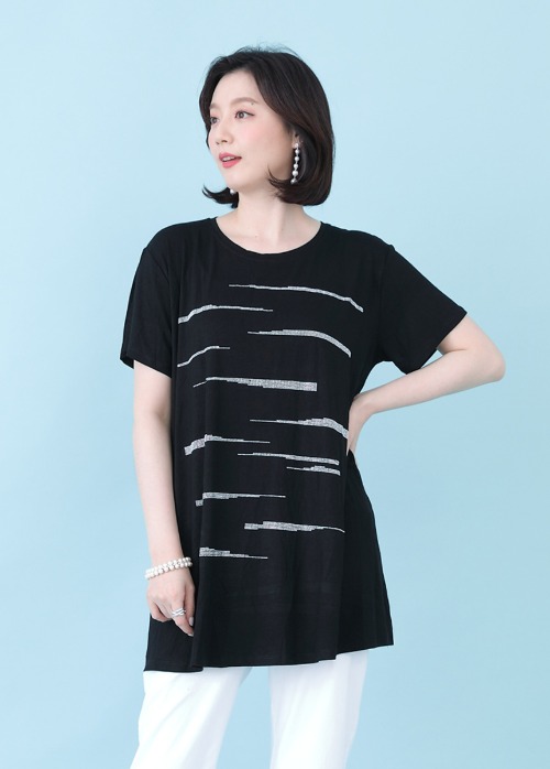 애비뉴투지 엄마옷 은빛 보석 여성 여름 반팔 루즈핏 라운드 롱 티셔츠 A06115 50대 60대 중년여성의류