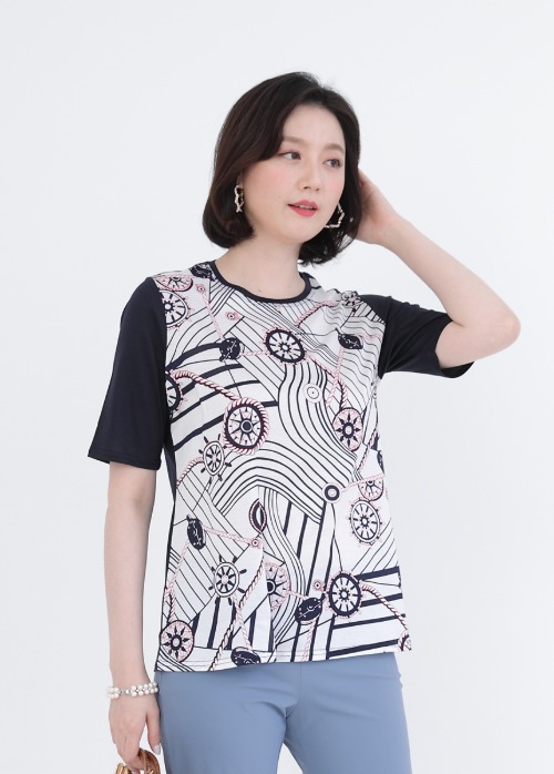 애비뉴투지 엄마옷 로프 배색 실켓 면 여성 여름 반팔 라운드 티셔츠 A06143 50대 60대 중년여성의류