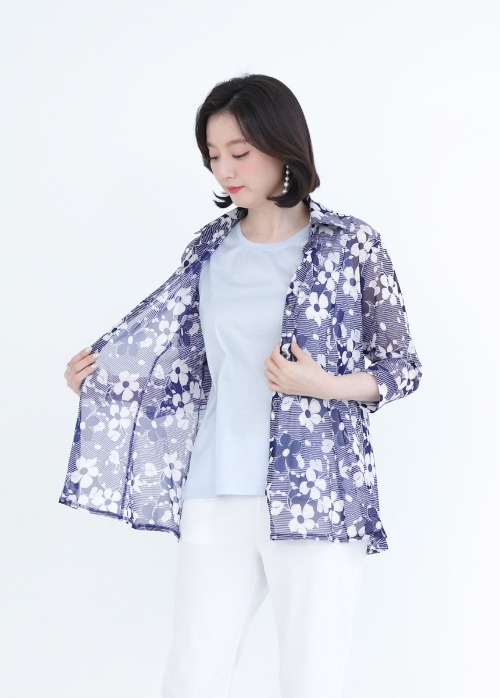 애비뉴투지 엄마옷 포카리 망사 프린트 시스루 여름 칠부소매 셔츠 카라 재킷 J06146 50대 60대 중년여성