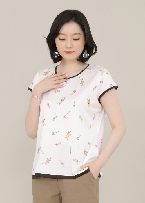 애비뉴투지 엄마옷 승마 실켓 면 여성 여름 반팔 캡소매 배색 라운드 티셔츠 A07112 50대 60대 중년여성