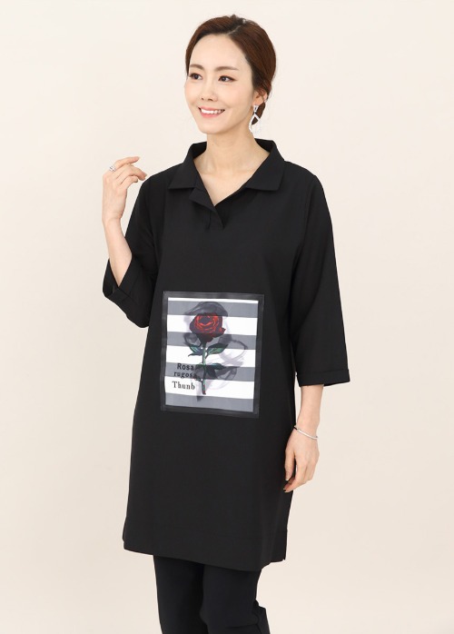 애비뉴투지 엄마옷 로즈 블랙 카라 루즈핏 여성 봄 가을 칠부 롱 블라우스 B04012 50대 60대 중년여성