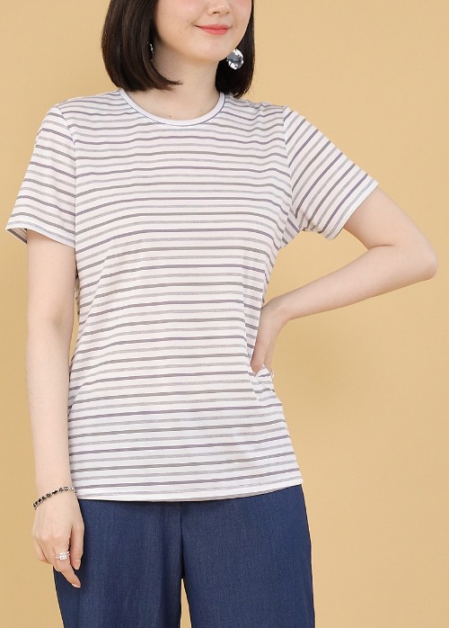 이지 스트라이프 여성 여름 반팔 라운드 티셔츠 A07258