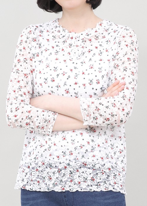 애비뉴투지 엄마옷 플라워 레이스 셔링 라운드 여성 봄 여름 시스루 칠부 블라우스 B04324 50대 60대