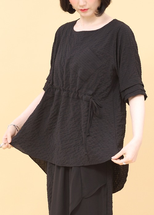 애비뉴투지 엄마옷 여성 여름 블랙 코디 지지미 앞 주름 반팔 티셔츠 쉬폰 랩 통바지 상하세트 H04357