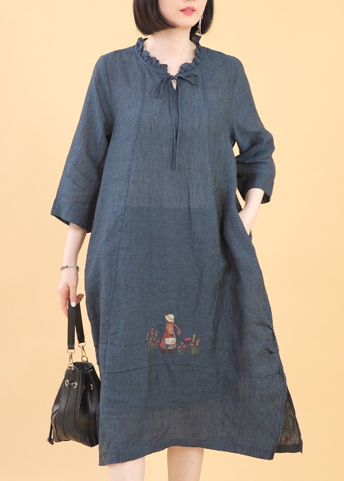 애비뉴투지 엄마옷 소녀 자수 셔링 리본 모시 린넨 시스루 여성 여름 칠부 주머니 롱 원피스 K06350