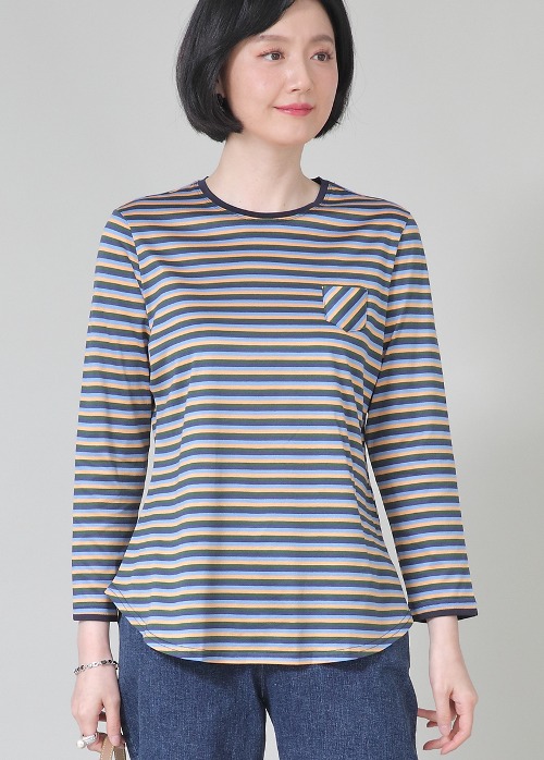 애비뉴투지 엄마옷 실켓면 멀티 스트라이프 줄무늬 여성 봄 가을 라운드 긴팔 티셔츠 A10360 50대 60대