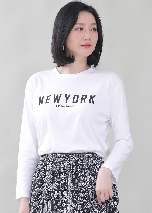 뉴욕 로고 면 여성 봄 가을 긴팔 라운드 티셔츠 A03456